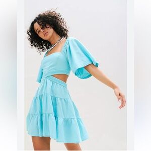 Free People Cross of Sunlight Cut Out Linen Mini Blue Dress Size L